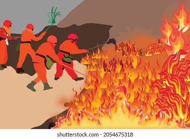 Firefighters trying to put out the fire using wet leaves. Group of firefighters on duty. Fire burn grass and forest