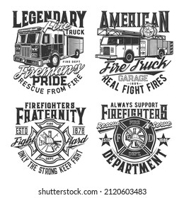 Firefighters t-shirt print, fire hydrant and cross vector emblem badges. American firefighting department garage and fire engine rescue slogans, helmet, crossed ax and Maltese cross for t shirt prints