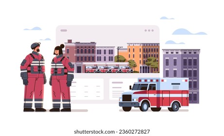 firefighters in uniform standing near fire station building department house facade and red emergency vehicles horizontal