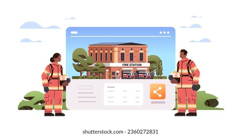 firefighters in uniform standing near fire station building department house facade and red emergency vehicles horizontal full length