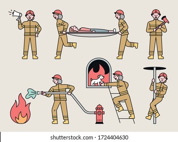 Firefighters' various rescue activities. flat design style minimal vector illustration.