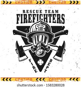 Firefighters vector emblem, badge, label or logo in vintage style with head in helmet and gasmask isolated on background with grunge textures on separate layers