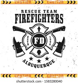 Firefighters vector emblem, badge, label or logo in vintage style isolated on background with grunge textures on separate layers