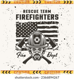 Firefighters vector emblem, badge or label design illustration in vintage style