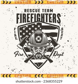 Firefighters vector emblem, badge or label design illustration in vintage style
