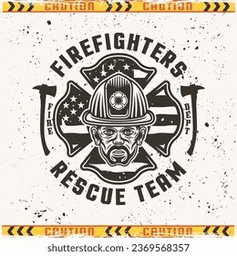 Firefighters vector emblem, badge or label design illustration in vintage style