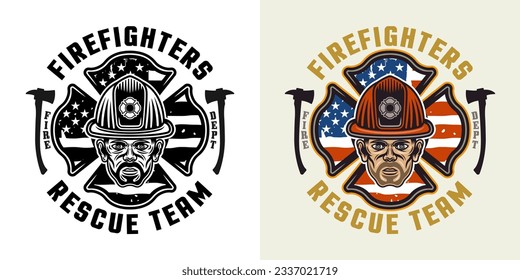 Emblema vectorial de los bomberos, logotipo, placa o etiqueta de diseño en dos estilos negro sobre blanco y colorido