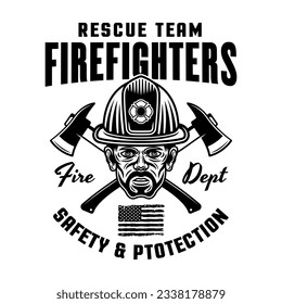 Firefighters vector emblem, logo, badge or label design illustration in monochrome style isolated on white background