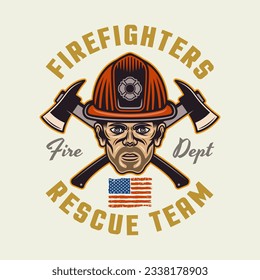 Firefighters vector emblem, logo, badge or label design illustration in colored style on light background