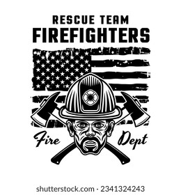 Firefighters vector emblem, logo, badge or label design illustration in monochrome style with fireman and american flag isolated on white background