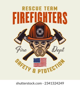 Feuerwehrleute, Vektorsymbol-, Zeichen- oder Etikettendesign-Illustration in farbigem Stil auf hellem Hintergrund