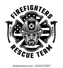 Firefighters vector emblem, logo, badge or label design illustration in monochrome style with fireman and american flag isolated on white background