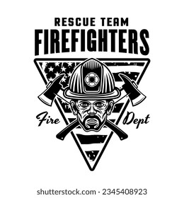Firefighters vector emblem, logo, badge or label design illustration in monochrome style isolated on white background