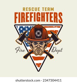 Firefighters vector emblem, logo, badge or label design illustration in colored style with fireman and american flag on light background