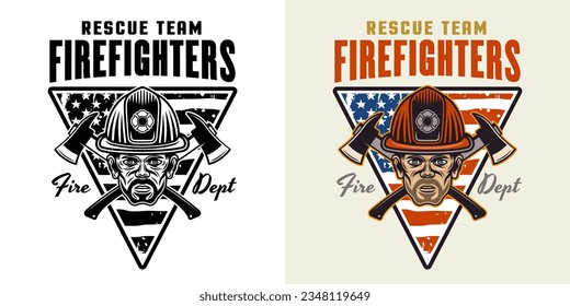 Firefighters vector emblem, logo, badge or label design illustration in two styles black on white and colored