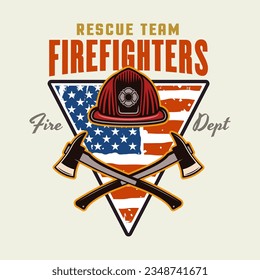 Firefighters vector emblem, logo, badge or label design illustration in colored style with fireman and american flag on light background
