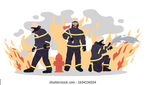 Firefighters vector illustration. Group of men in protective clothes with tools extinguishing fire. Firemen team for aid, safety, rescuing, training concept