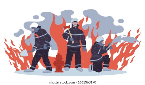 Firefighters vector illustration. Group of men in protective clothes with tools extinguishing fire. Firemen team for aid, safety, rescuing, training concept