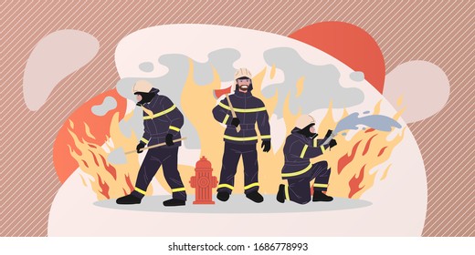 Firefighters vector illustration. Group of men in protective clothes with tools extinguishing fire. Firemen team for aid, safety, rescuing, training concept