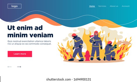 Firefighters vector illustration. Group of men in protective clothes with tools extinguishing fire. Firemen team for aid, safety, rescuing, training concept