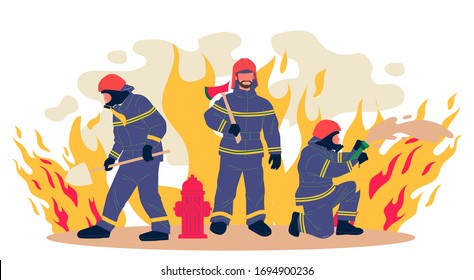 Firefighters vector illustration. Group of men in protective clothes with tools extinguishing fire. Firemen team for aid, safety, rescuing, training concept
