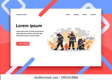 Firefighters vector illustration. Group of men in protective clothes with tools extinguishing fire. Firemen team for aid, safety, rescuing, training concept