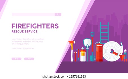 Firefighters vector landing page template. Rescue service flat web banner layout design. Dangerous job, occupation, profession. Fireman equipment cartoon illustration with text space