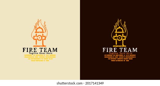 Firefighters vector round emblem, badge, label or logo in vintage style with fire hydrant isolated on background with grunge textures on separate layers
