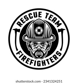Firefighters vector round emblem, logo, badge or label design illustration in monochrome style with isolated on white background