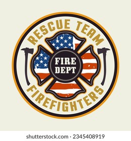 Firefighters vector round emblem, logo, badge or label design illustration in colored style on light background