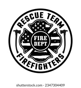 Firefighters vector round emblem, logo, badge or label design illustration in monochrome style with isolated on white background