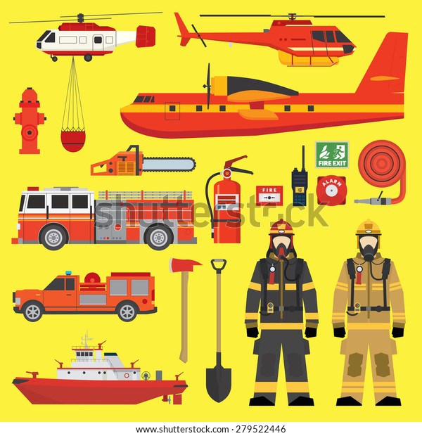 Firefighters, vehicles, equipment and fire brigade\
collection set
