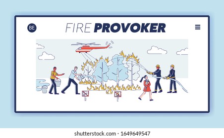 Firefighters and Volunteers Fighting with Fire in Forest Website Landing Page. Helicopter, People Bring Water in Buckets Pour Burning Plants Web Page Banner. Cartoon Flat Vector Illustration, Line Art