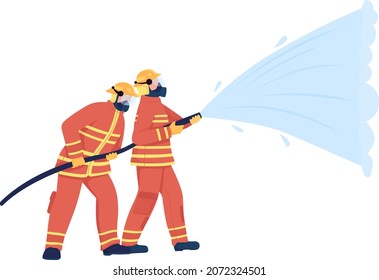 Bomberos con caracteres vectoriales de color semiplano de manguera de agua. Gente de cuerpo entero en blanco. Supresión de incendios forestales aislados ilustración de estilo de dibujos animados modernos para diseño gráfico y animación