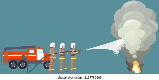 Firefighters Wearing Helmets And Uniform Trying To Put Out Flame. Brave Firemen Trying To Extinguish Fire. People Work With Water And Fire Hoses. Extinguishing Flame From Explosion, Burning