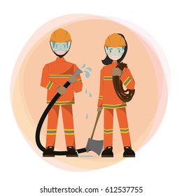 Firefighters wearing uniforms, holding a fire hose. Female firefighter standing holding an ax and a rope. To help the fire victims.Vector/Illustration