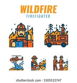 firefighters with wildfire. Filled outline icons design. vector illustration