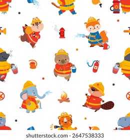 Firefighters woodland animal. Funny animals in fireman uniform, hydrant, bucket, water drops. Fox elephant tiger, childish fabric print, nowaday vector background