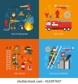 Firefighters work concept 4 flat icons square composition banner with fire station equipment abstract isolated vector illustration