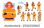 Firefighters at work set. Fireman in uniform with firefighting equipment, characters holding hose to put out flame and ladder, emergency workers save girl from fire cartoon vector illustration