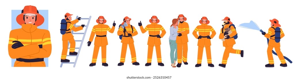 Firefighters at work set. Fireman in uniform with firefighting equipment, characters holding hose to put out flame and ladder, emergency workers save girl from fire cartoon vector illustration