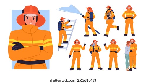 Firefighters at work set. Fireman in uniform with firefighting equipment, characters holding hose to put out flame and ladder, emergency workers save girl from fire cartoon vector illustration