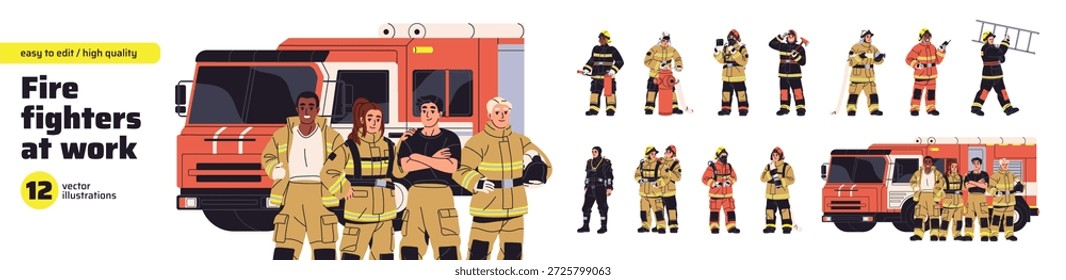 Bomberos en el lugar de trabajo. Los bomberos con uniforme y cascos extinguen las llamas con el motor de bomberos, la manguera y la escalera. Trabajo de servicio de emergencia. Ilustración vectorial aislada plana sobre fondo blanco