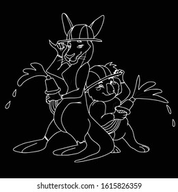 Firefighters-kangaroos and koalas in helmets stand with their backs to each other with hoses to extinguish the fire .Vector illustration on a black isolated background. Design for postcards and banner