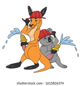 Firefighters-kangaroos and koalas in helmets stand with their backs to each other with hoses to extinguish the fire .Vector illustration on a white isolated background. Design for postcards and banner