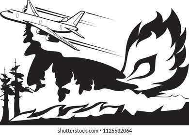 Firefighting aircraft extinguishes forest fire - vector illustration