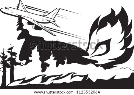 Firefighting aircraft extinguishes forest fire - vector illustration