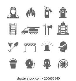 Firefighting black silhouette icons set of fire protection equipment isolated vector illustration.