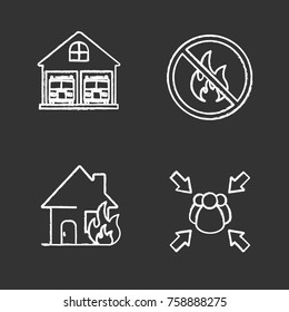 Firefighting chalk icons set. Burning house, fire station, fire assembly point, bonfire prohibition. Isolated vector chalkboard illustrations