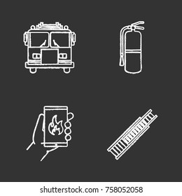 Firefighting chalk icons set. Fire engine, double extension ladder, extinguisher, emergency call. Isolated vector chalkboard illustrations